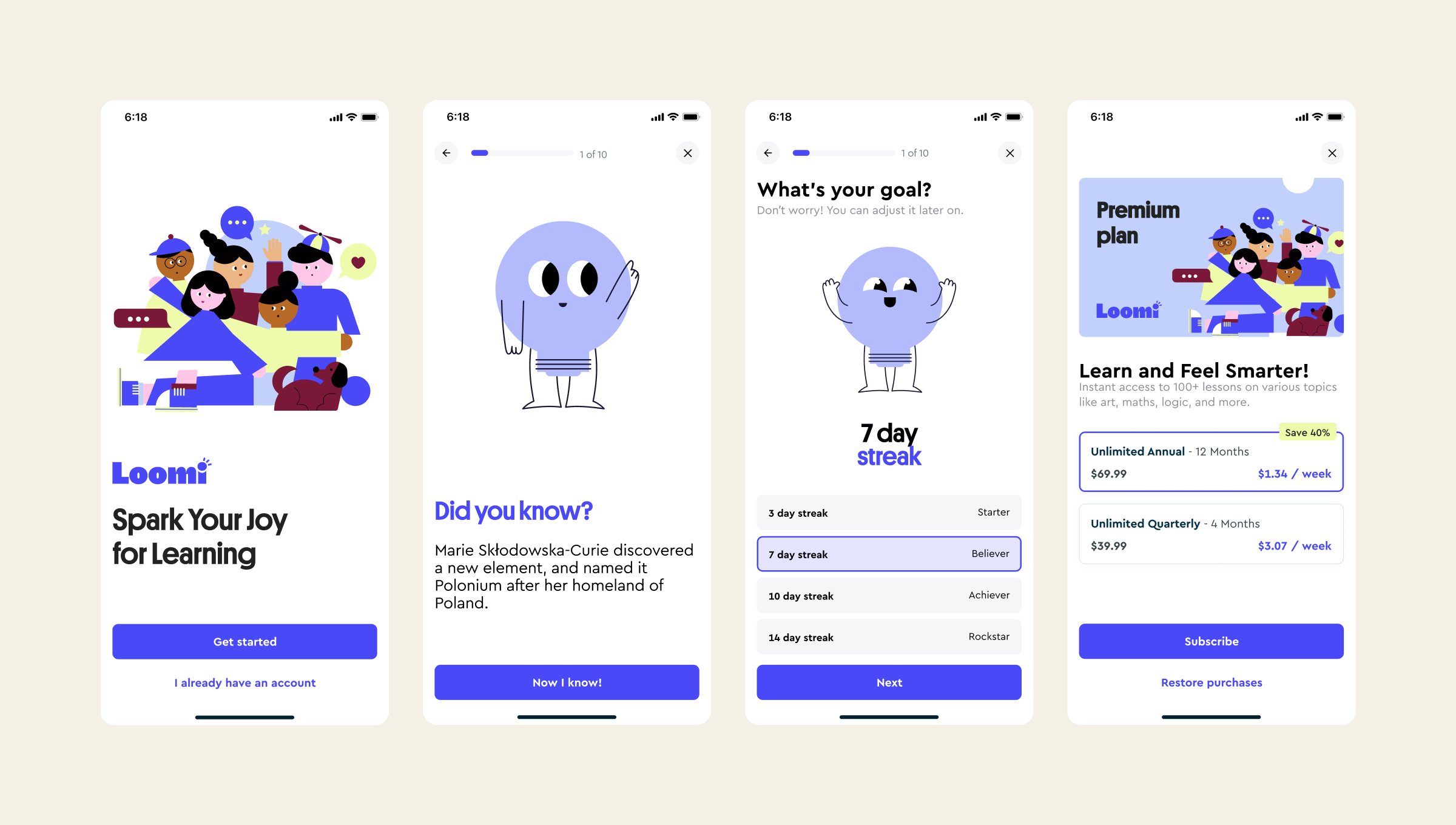 Loomi onboarding screens