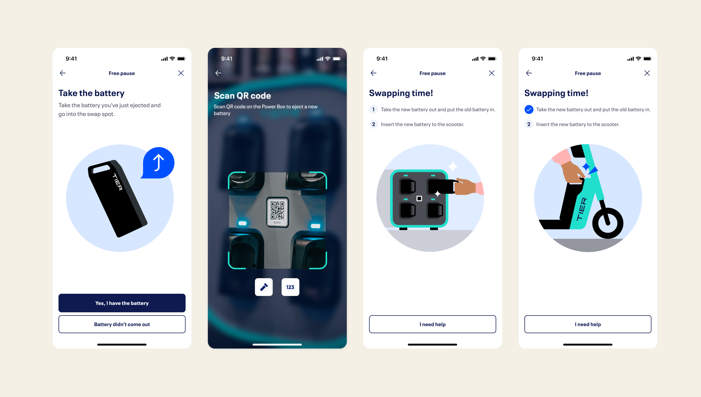 TIER app battery swap flow screens