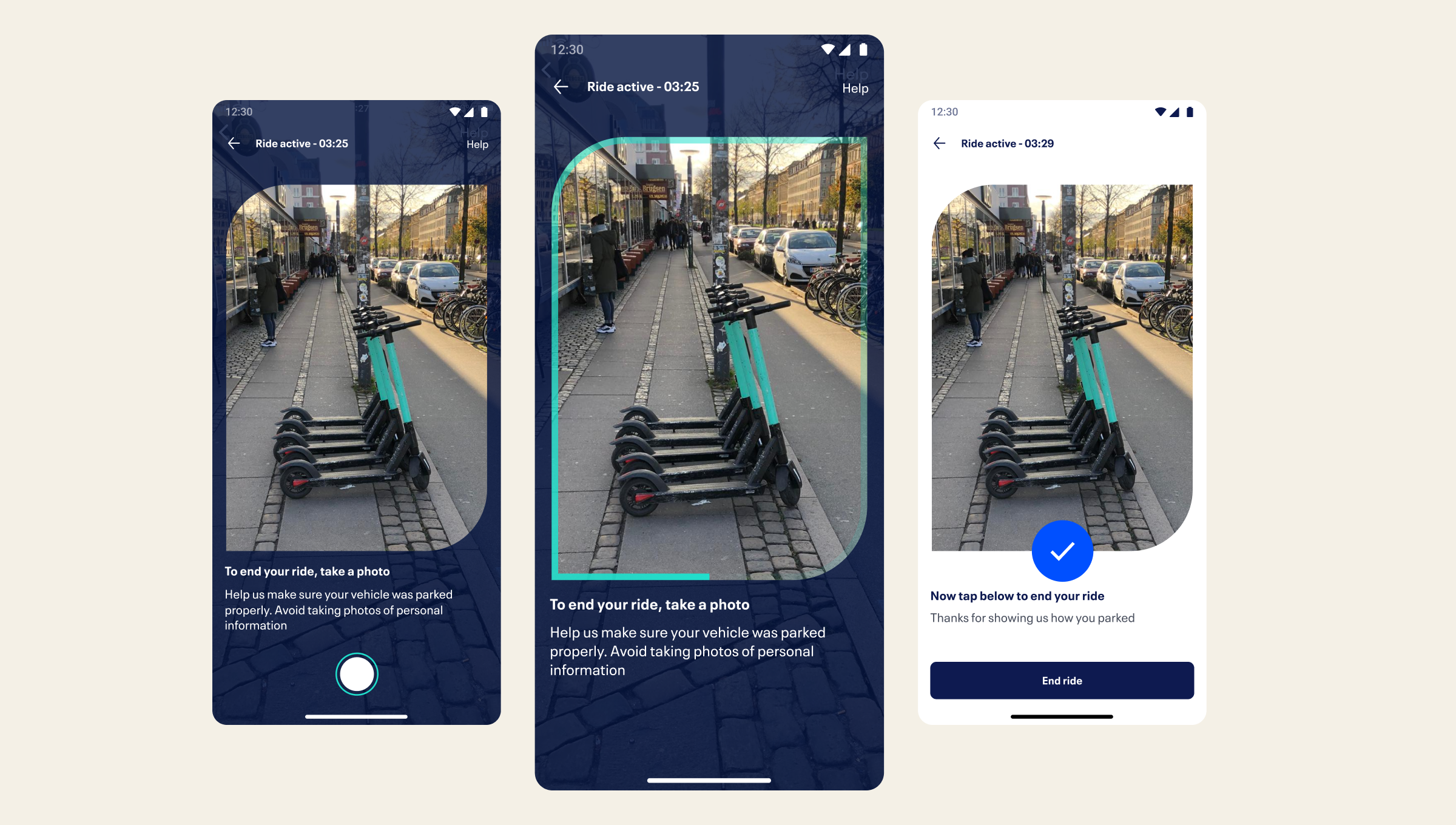 TIER app ride active and end ride flow screens